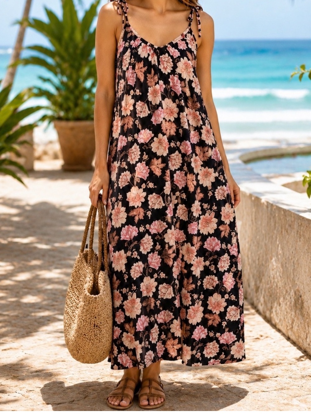 Bloho Floral Maxi Sundress with Pink Blooms